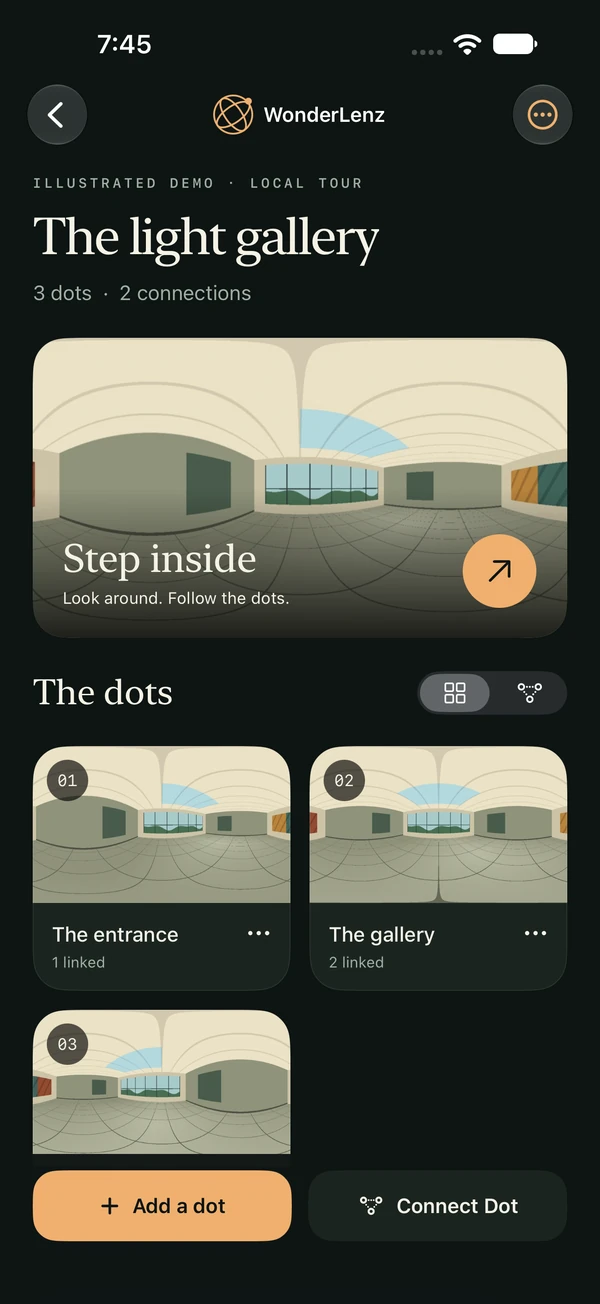 WonderLenz tour editor with connected illustrated panorama dots.